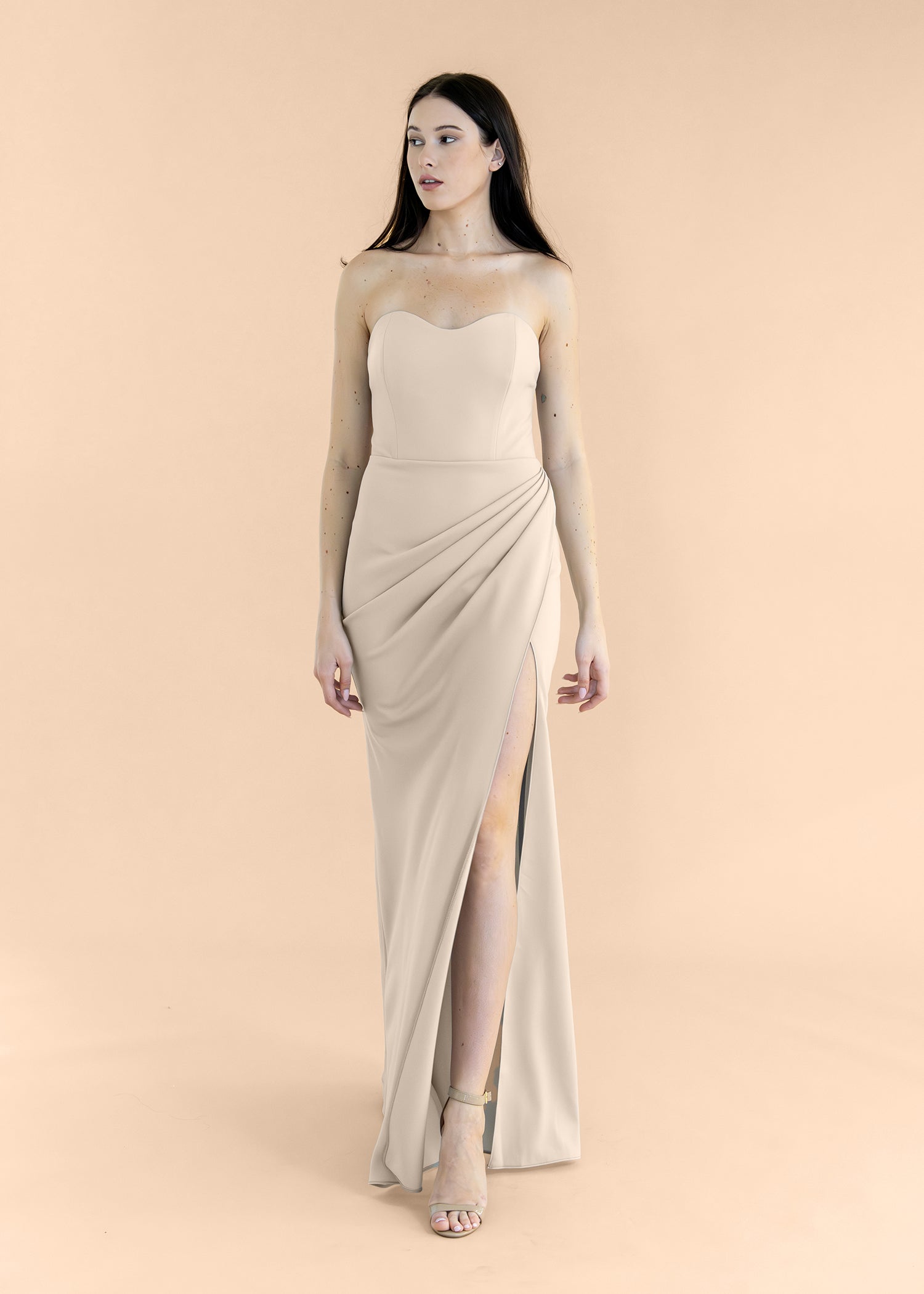 Strapless-Draped-Crepe-Champaign