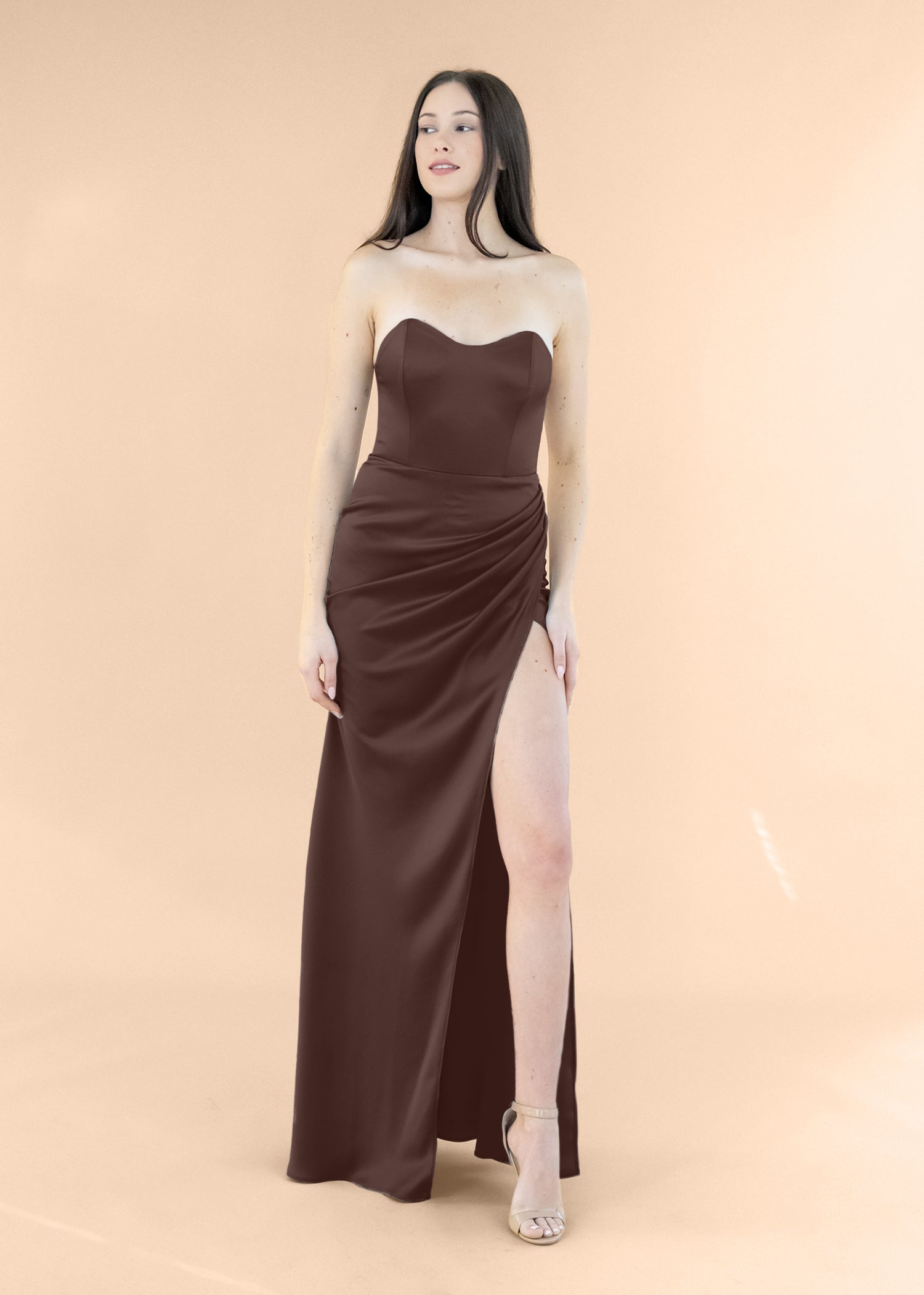 Strapless-Draped-Satin-Chocolate
