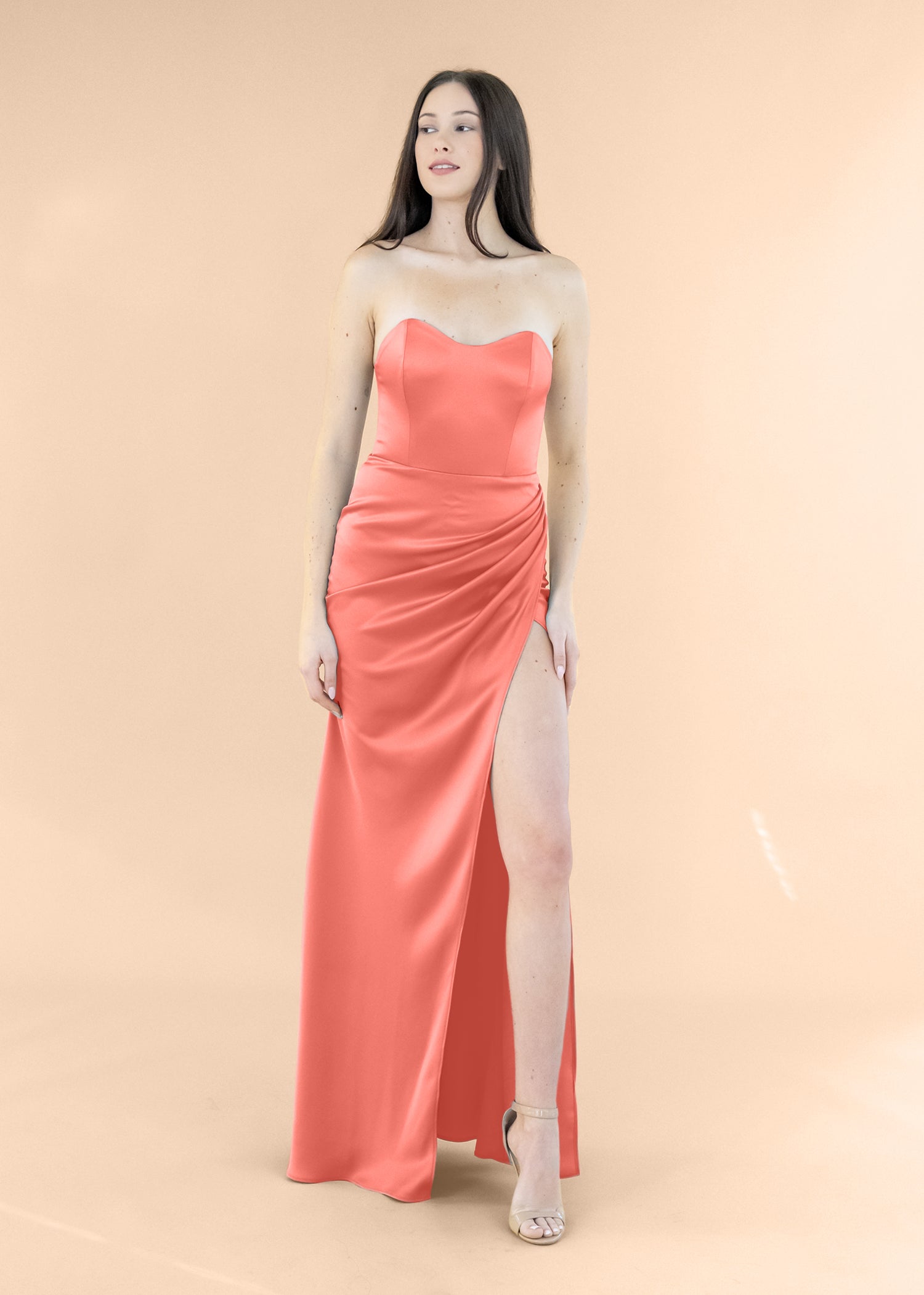 Strapless-Draped-Satin-Coral