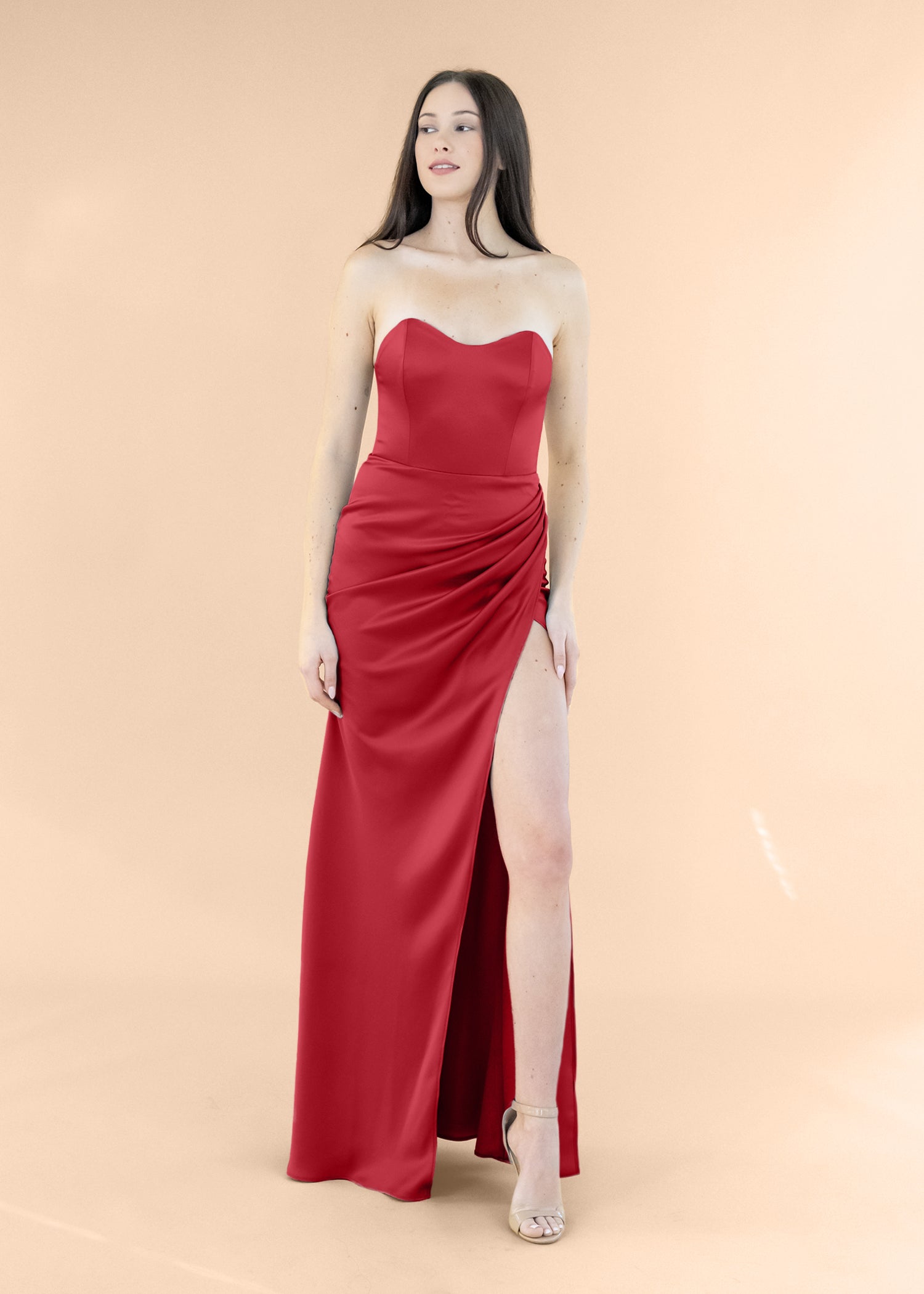 Strapless-Draped-Satin-Crimson