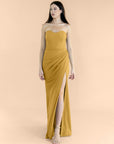 Strappless-Draped-Crepe-Gold