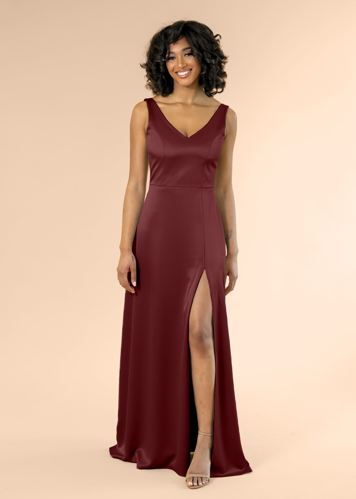 Vneck-Aline-Satin-Burgundy